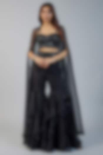 Black Organza & Raw Silk Sequins Embroidered Cape Set by Kresha Lulla at Pernia's Pop Up Shop